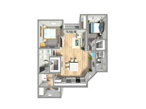 Floor plan for 2 beds, 2 baths, 1105 sqft